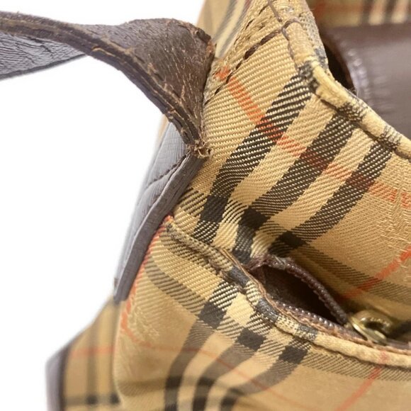 Auth Burberry's - Beige Dark Brown Multi Nylon Leather Shoulder Bag - Picture 4 of 7